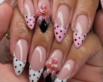 Coquette Polka Dot Nails, Pink White French Tip Nails, Coquette Press On Nails with 3D Floral, Bridal Valentine Nails, 3D flowers nails