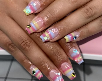 Pastel Rainbow Press On Nails with Star Charms, Y2K Jelly Nails, Cute Kawaii Nail Set, Colorful Aesthetic Nails