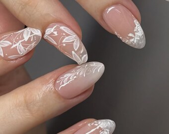 Bridal Floral Lace Press On Nails, Nude Pink Almond Nails with White Hand Painted Details, Elegant Wedding French Tips, Bridal Nails
