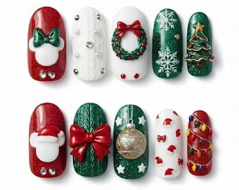 3D Christmas Press On Nails, Festive Red and Green Fake Nails, Santa Holiday Nail Art,  Handmade Holiday Nail Set with 3D Mouse Head