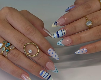 Pastel Navy Polka Dot Fake Nails, Sparkling Rhinestone French Tip Design,  Blue White Striped Press Ons, Y2k Nails
