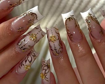 Milky White Gold Flower Nails, Luxury French Tips Press On Nails, Hand Made Elegant Press Ons, Faux Acrylic Nails, Gel Nails, Custom Nails