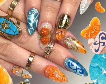 3D Tangerine Press On Nails, Ocean Blue Cat Eye Fake Nails, Nautical Summer Nails, Citrus Fruit Nail Art, Handmade Anime Inspired Nails