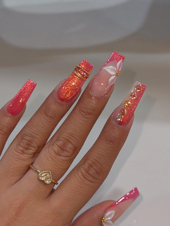 Sparkly Pink Glitter Press On Nails, 3D White Flower Custom Fake Nails,  Summer Floral Gel Press Ons