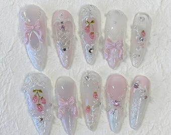 Strawberry Coquette Press On Nails, Sheer Milky Pink Jelly Nails with 3D Bow, Fairy Bridal Nails, Romantic Valentines Nails