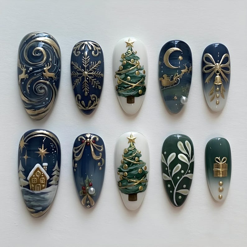 May include: A set of ten artificial nails with Christmas-themed designs. Each nail features a different design, including a Christmas tree, reindeer, snowflakes, and a gingerbread house, all in a festive color palette of gold, white, and blue.