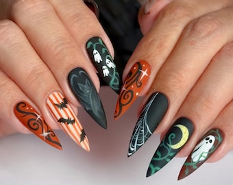 Matte Halloween Press On Nails Handpainted Ghosts Black Bats Spiderwebs Fake Nails Mismatched Custom Reusable Glue On False Nail Art Designs