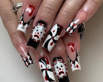 Gothic Clown Press On Nails, 3D Harlequin Nail Art with Red Gems & Black White Details, 3D Sad Clown Face Nail Art, Unique and Artistic Nail