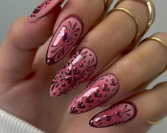 Pink Embossed Heart Press On Nails, 3D Heart And Swirl Design, Romantic Blush Nails, Love & Heart Nail Art, Romantic Nails, Valentine nails
