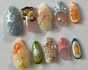 Kawaii 3D Monkey Press on Nails, Cute Tropical Fruit & Hibiscus Flower Nails, Handpainted Summer Beach Fake Nails, Whimsical Reusable Nails