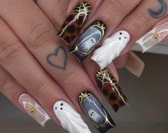 Ghost Press On Nails, 3D Spooky Spiders Web And Lace Fake Nails, Cute Spooky Gel Art, Custom Reusable Statement Manicure Set