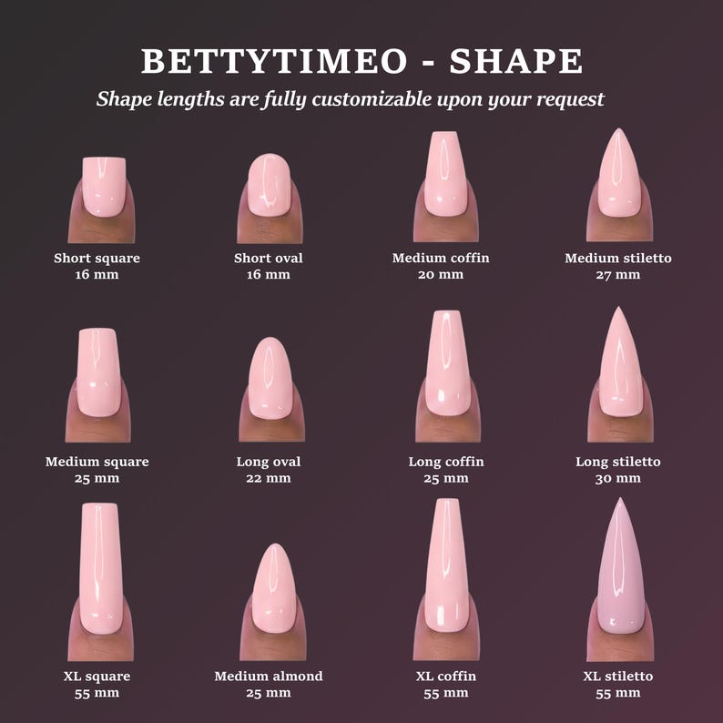 May include: Image showcasing various nail shapes, including short square, oval, coffin, and stiletto styles. Each nail is painted a light pink color, with lengths ranging from 16 mm to 55 mm. The text "BETTYTIMEO - SHAPE" is at the top.