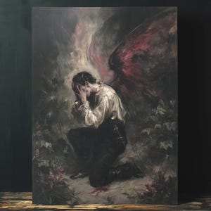 May include: A framed artwork depicting a kneeling figure with hands covering their face. The figure has large, red-tinged wings. The artwork is set in a garden with muted colors, creating a dramatic and emotional scene.