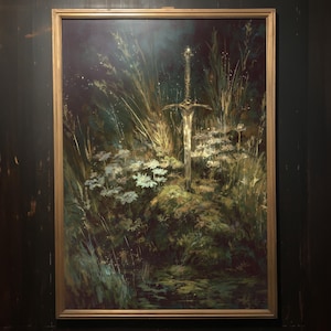 May include: A framed painting depicting a sword in a natural setting. The artwork features a detailed illustration of a sword standing upright amidst tall grass, white flowers, and a mossy ground. The painting is enclosed in a gold-colored frame.