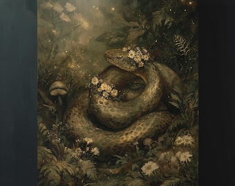 Estampado floral de serpiente estilo cottagecore oscuro, descarga digital, arte mural imprimible, obra de arte de serpiente mística con flores, decoración de animales del bosque con aires de bruja.