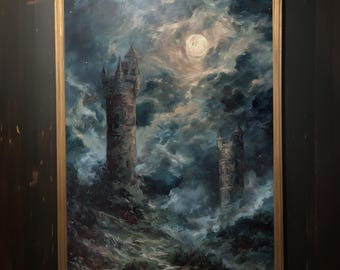 May include: An oil painting in a gold frame depicts two medieval castle towers under a moonlit, cloudy sky. The artwork uses shades of blue, gray, and brown to create a dramatic, atmospheric scene.