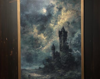 May include: A framed painting of a castle under a starry night sky. The artwork features a gothic castle with tall towers, set against a backdrop of swirling clouds and a full moon. The color palette includes shades of blue, gray, and gold.