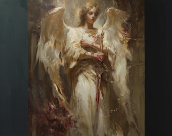 Kunstwerk goddelijke beschermengel, afdrukbare muurkunst, digitale download, religieuze donkere academische wereld schilderij, humeurige gotische poster, macabere muurkunst