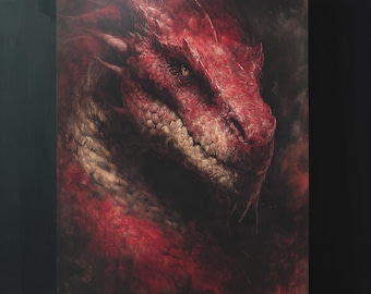 Crimson Red Dragon Art Print, Digital Download, Printable Wall Art, Dark Fantasy Creature Poster, Moody Gothic Wall Decor, Dragon Painting