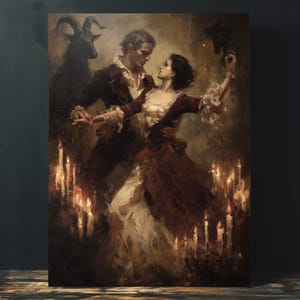 May include: An oil painting depicts a couple dancing in a dimly lit room, surrounded by lit candles. The man wears a dark jacket and the woman a red dress. A dark figure with horns looms in the background, creating a gothic atmosphere.