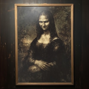 May include: A framed print of the Mona Lisa, featuring a woman with a subtle smile, dressed in dark clothing. The artwork is set against a dark background, and the frame is a light gold color. The painting is a classic piece of art.