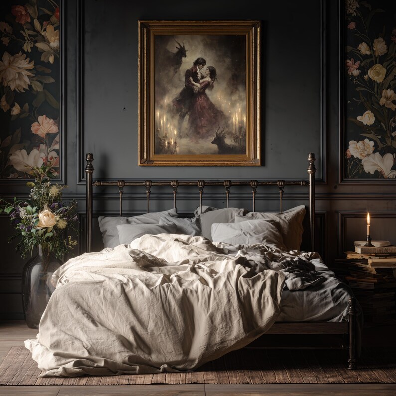 Dramatic romanticism painting of Lucifer’s dance, gothic ballroom with glowing candles and shadows.