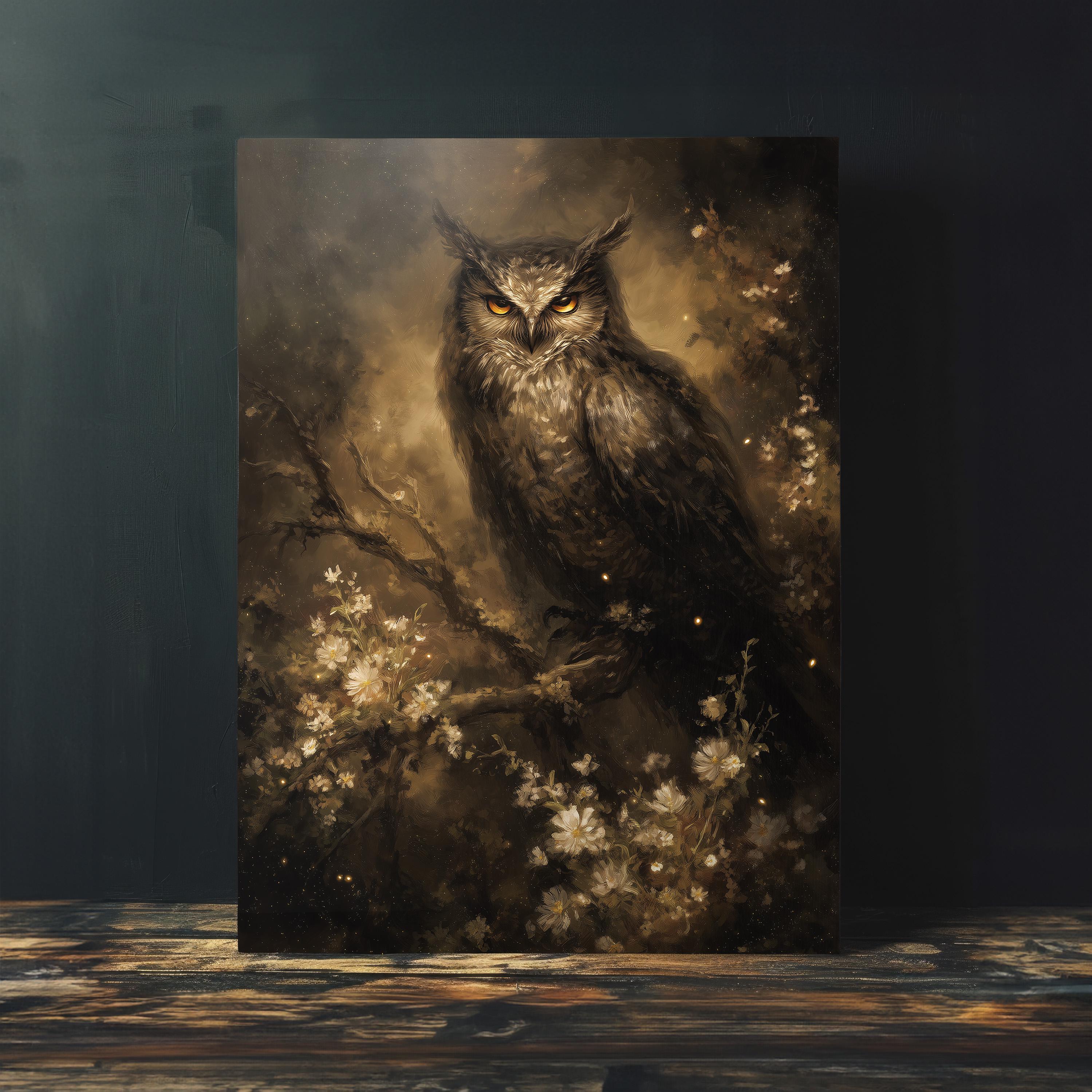 Moody Cottagecore Owl Art Print, Digital Download, Printable Wall Art, Mystical Night Owl Illustrati