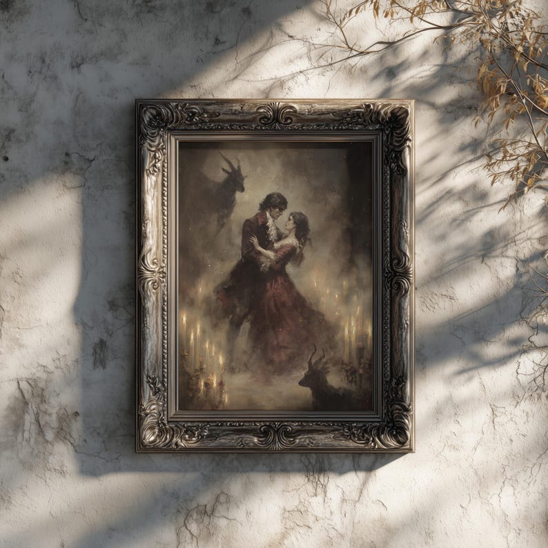 Lucifer as the dark romantic figure in “The Devil’s Waltz,” haunting gothic artwork with shadowy ambiance.