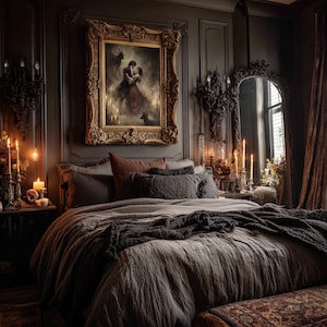 Dark fantasy painting titled “The Devil’s Waltz,” gothic dance scene surrounded by candles and shadows.