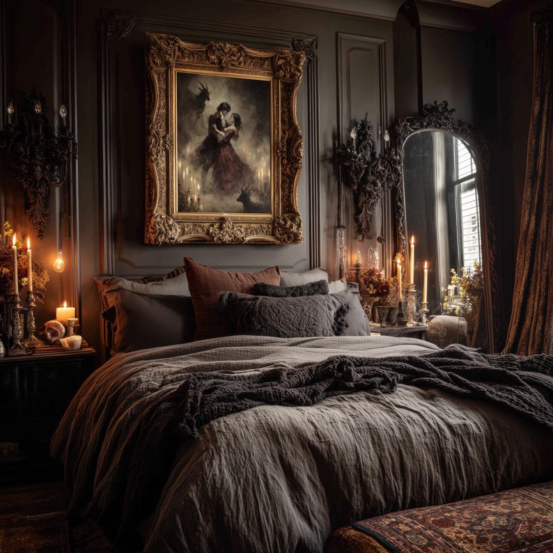 Dark fantasy painting titled “The Devil’s Waltz,” gothic dance scene surrounded by candles and shadows.
