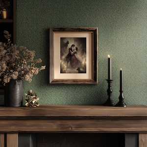 Haunting gothic wall art, devilish figure waltzing with a woman, misty atmosphere and antlered silhouettes.