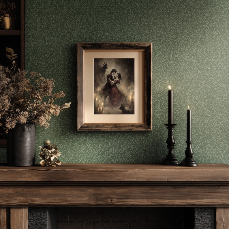 Haunting gothic wall art, devilish figure waltzing with a woman, misty atmosphere and antlered silhouettes.