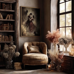 Dark romantic wall art of Satan dancing with a woman, eerie candlelight and shadowed deer figures.