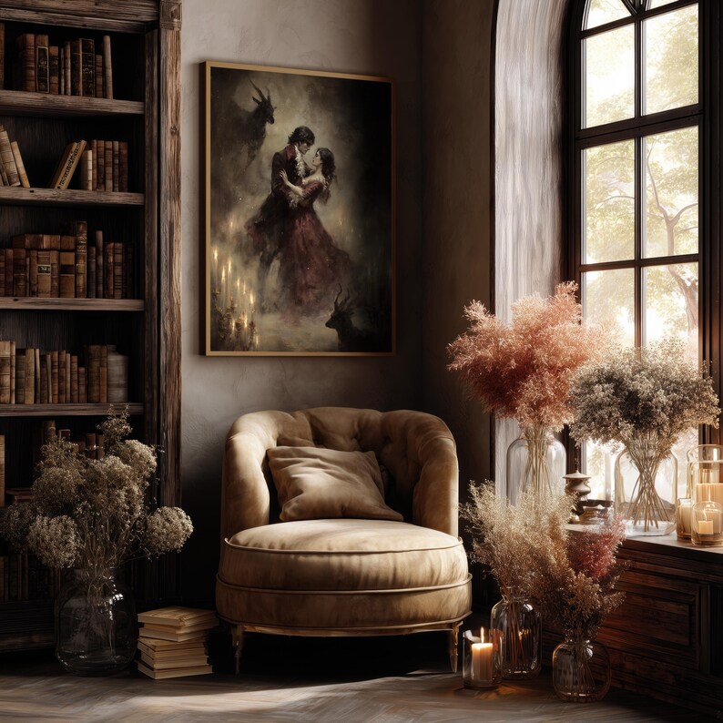 Dark romantic wall art of Satan dancing with a woman, eerie candlelight and shadowed deer figures.