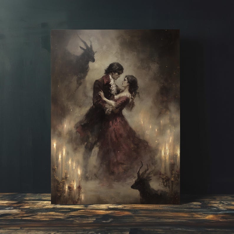 Gothic oil painting of “The Devil’s Waltz,” dark lovers dancing in candlelight with shadowy deer watching.