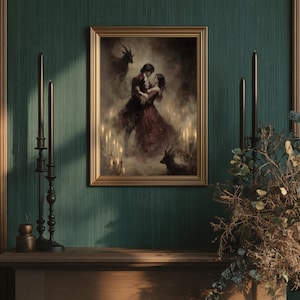 Mysterious gothic folklore painting, The Devil’s Waltz, with candlelit ritualistic atmosphere.