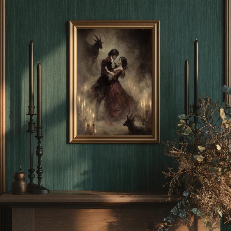 Mysterious gothic folklore painting, The Devil’s Waltz, with candlelit ritualistic atmosphere.