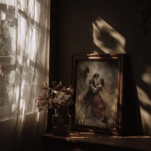 Romantic satanic folklore artwork, depicting Lucifer waltzing with a woman in a misty candlelit hall.