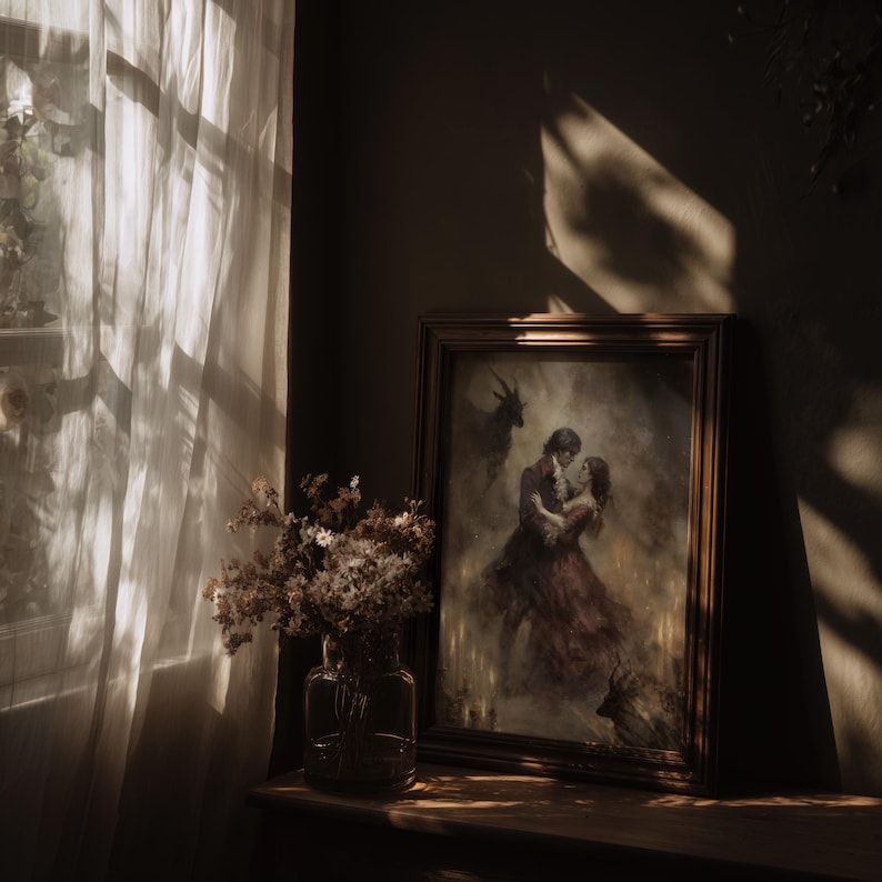 Romantic satanic folklore artwork, depicting Lucifer waltzing with a woman in a misty candlelit hall.