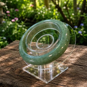 May include: A jade bangle bracelet, in shades of green, is displayed on a clear acrylic stand. The stand has a spiral design and a square base. The background is a blurred view of a garden with green foliage and flowers.