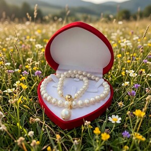 以下が含まれることがあります： 赤いハート型のジュエリーボックスに入った、真珠のネックレスとブレスレットのセット。ネックレスには、大きなシングルパールのペンダントが付いています。ボックスは開いており、白い内装に白い真珠が映えています。野原に咲く野花の中にセットされています。