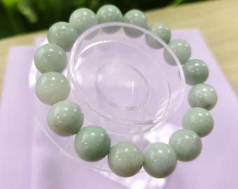 Burmese Jade Bracelet: Round Beads Greenish White Jadeite, 13 mm