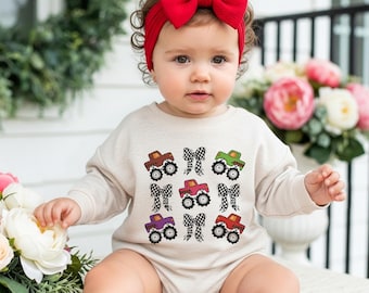 Trucks Bows Baby Sublimation Romper, Toddler Shirt with Monster Truck Bow, Long Short Sleeve Baby Clothes, Cute Kids Apparel