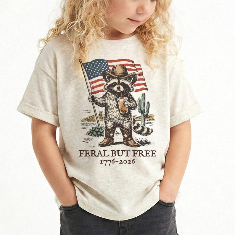 A young girl wearing a t-shirt with a graphic of a raccoon holding an American flag and the text "Feral but free" printed on it.