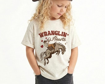 Wrangling Hearts Cowboy Lightweight Kids Pullover Tee, T shirt– Western Sublimation Valentine Day Baby Outfit, Valentine Kids T Shirt