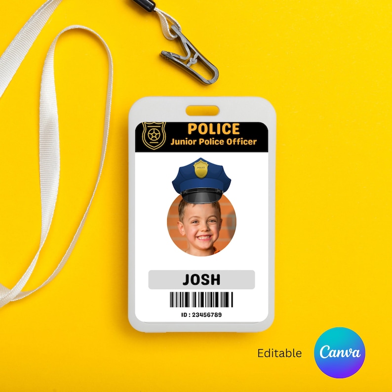 Editable Police ID Card Template for Kids, Junior Police Officer Badge