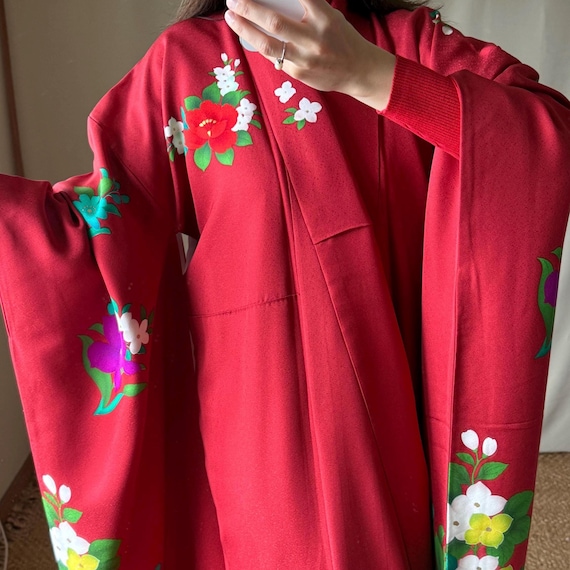 Vintage Red Silk Japanese Kimono Robe, Hand-painted, Flower Design, Furisode, Elegant Luxury Dress Gown