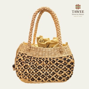 Tawee LAYA Diamond Weave Tote Bag – Handcrafted Water Hyacinth Purse with Fabric Lining, Eco-Friendly Summer Handbag