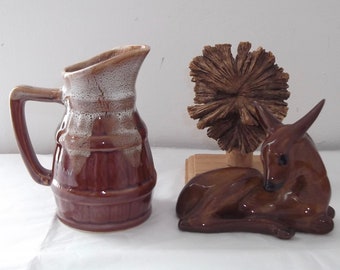 Vintage Pottery Jug, Brown Treacle Glaze, Rustic Decor