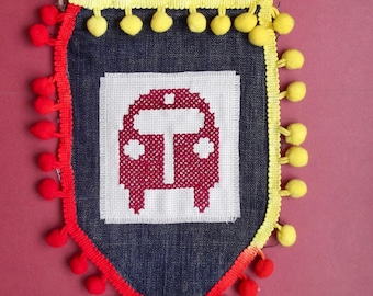 Camper Van Wall Hanging Decor, Unusual cross stich Pom Pom trimming Fun camping decor. Burgundy camper van